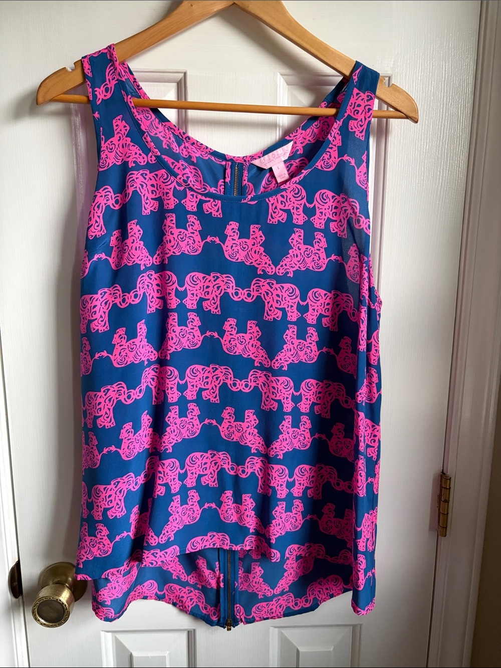 Lilly Pulitzer Navy and Bright Pink Elephant Zip Detail Sleeveless Top